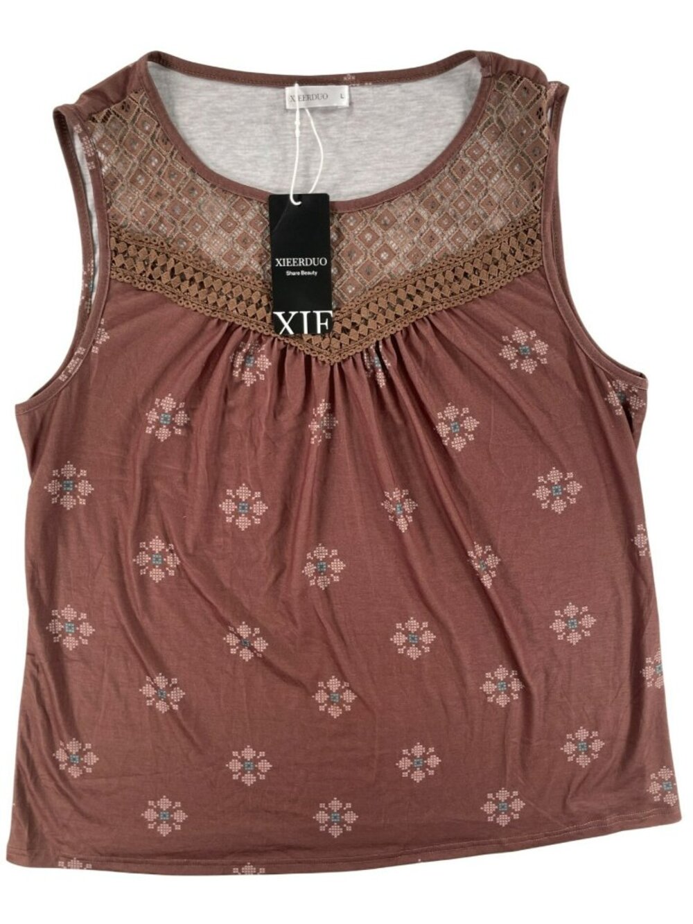 Xieerduo Sleeveless Floral Lace Top Brown With Crochet Trim Women's Size L NEW